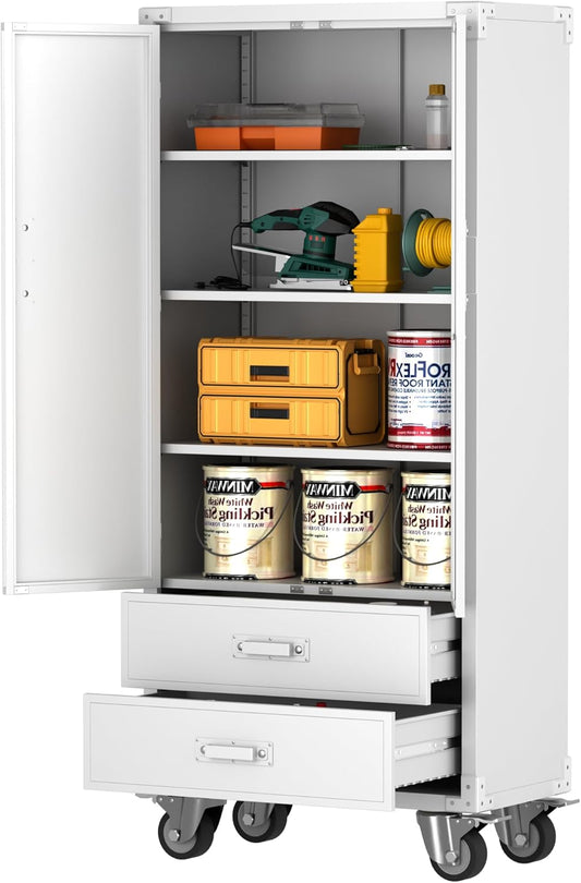 Aobabo Metal Storage Cabinet with 2 Large Drawer, Lockable Steel Storage Cabinet with 3 Adjustable Shelves, for Home, Office, Garage, Classroom, White, Assembly Required