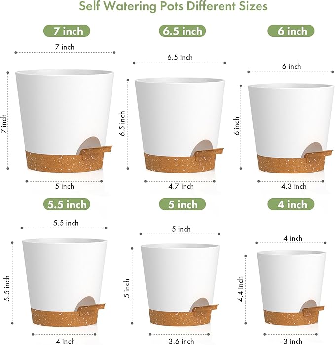7/6.5/6/5.5/5/4 inch Self Watering Pots for Indoor Outdoor Plants, 6 Pack Plastic Flower Planters with Drainage Holes and Removable Saucers, Plant Pots with Wicking Rope, White Brown