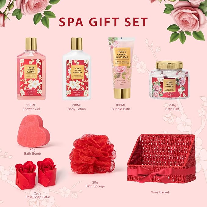 Christmas Gifts for Women, Bath and Body Gift Basket Set for Mothers Day - 9 Pcs Luxury Rose Spa Gift Baskets Set for Women, Gift Set | Perfect Valentine's, Birthday, Gift Sets for Mom All Occasion