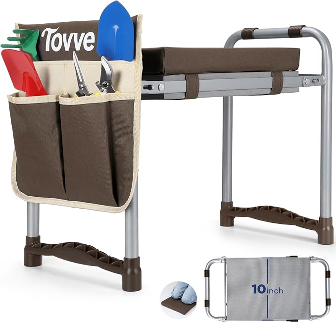 Foldable Garden Kneeler and Seat, Heavy Duty Garden Stool with 10" Wide Detachable Kneeling Pad, Portable Garden Bench Chair with Large Garden Tool Bag, Gardening Gifts for Women, Seniors, Mom