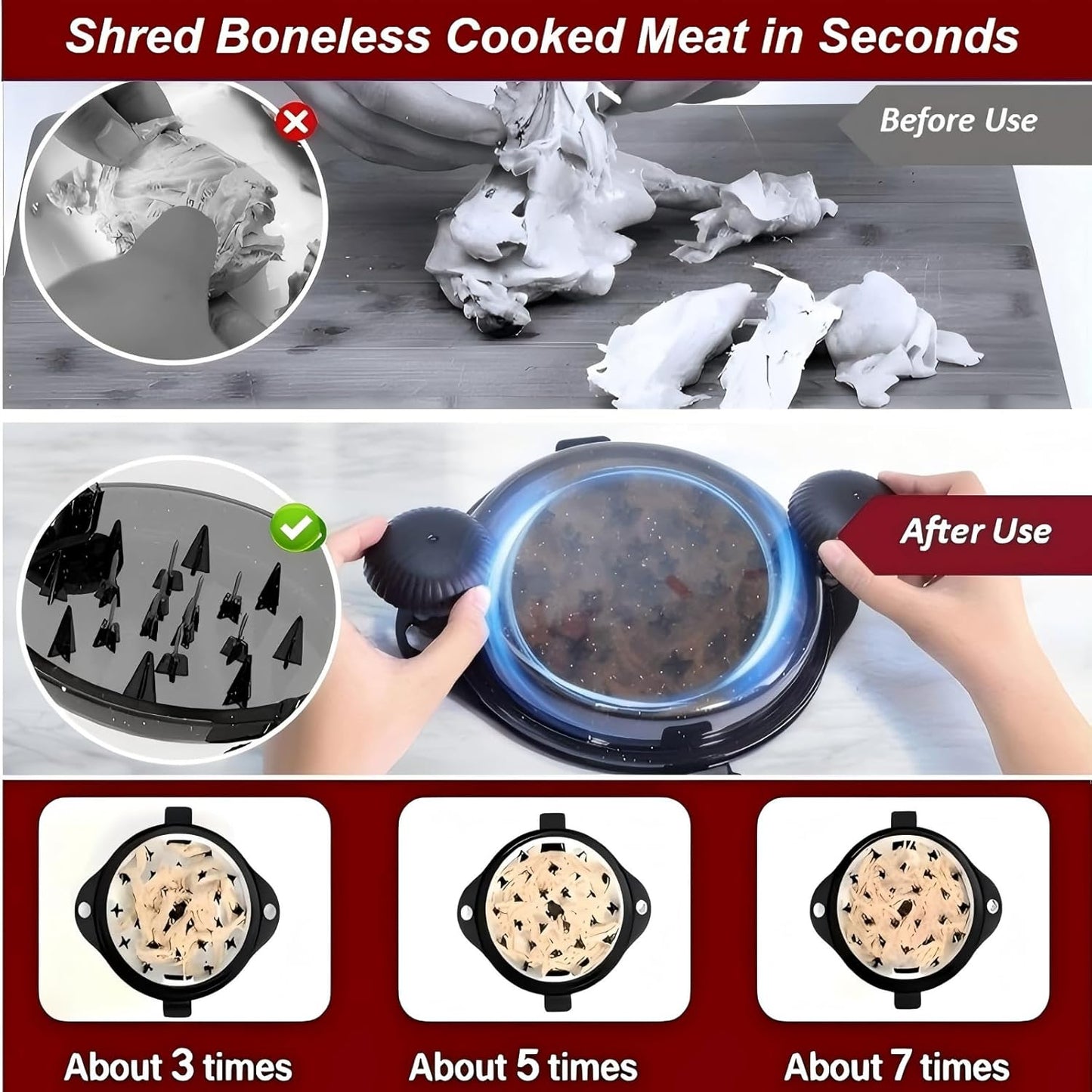 Chicken Shredder Meat Shredder Tool Twist Chicken Breast Shredder Large-Shredding Tools Chicken Breast, Pulled Pork, Beef with Stainless Steel Spikes (Black&Black)