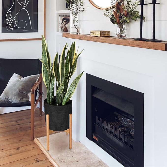 Cotton Rope Plant Basket, Woven Basket Planter for 10 inch Pot, Round Indoor Tree Pot Cover, Small Storage Bin Organizer, Modern Basket for Plants and Home Decor, 11”X11”, Black