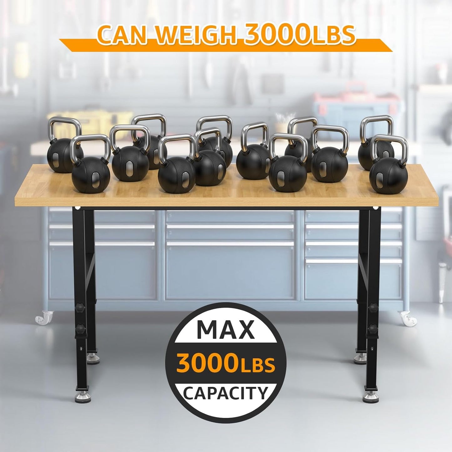 60" Adjustable Workbench,Heavy-Duty Work Table,3000 LBS Load Capacity Particleboard Hardwood Workstation with Fixed feet,for Workshop, Garage