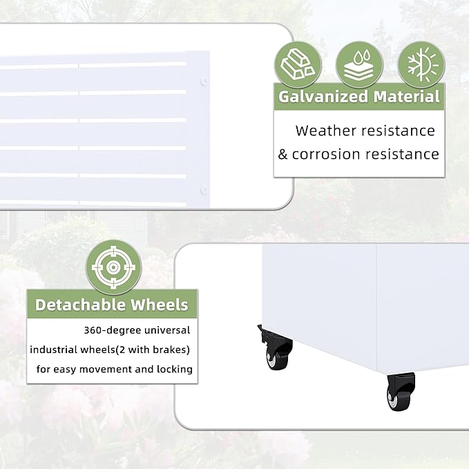 Casaphoria Metal Raised Garden Bed with Trellis and Wheels, 47"x47"x16" Planter Box for Climbing Plants, Vegetables & Vines, Features Drainage Holes and Privacy Screen (White-Louvered)