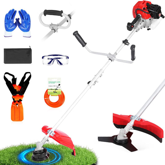 52cc Gas Powered Weed Eater and Brush Cutter 3-in-1, Heavy Duty Straight Shaft String Trimmer with Harness and 2 Heads for Tough Weeds, Grass, and Land Clearing (PT6080)