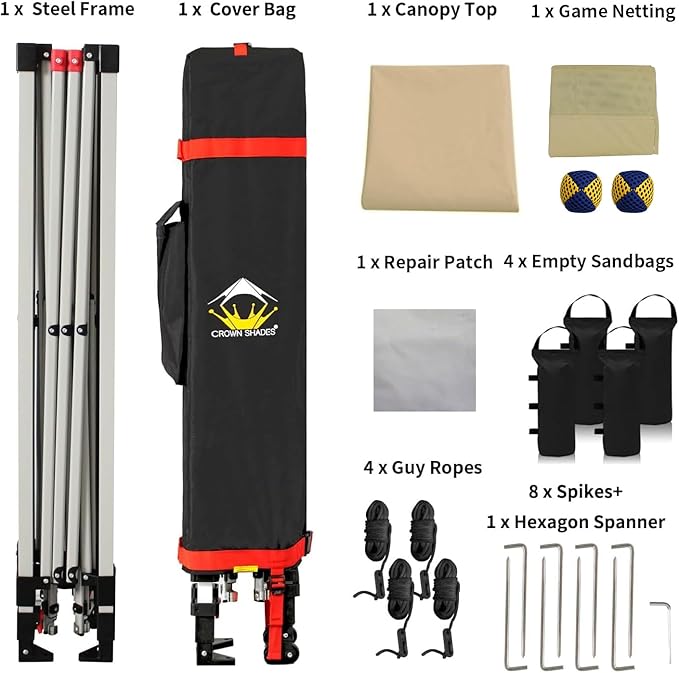 CROWN SHADES 10x10 Pop Up Canopy Tent with Game Netting - Beach Tent with One Push Setup - Outdoor Sun Shade for Events, Parties, Camping with STO-N-Go Cover Bag, Silver Coated Top, Khaki