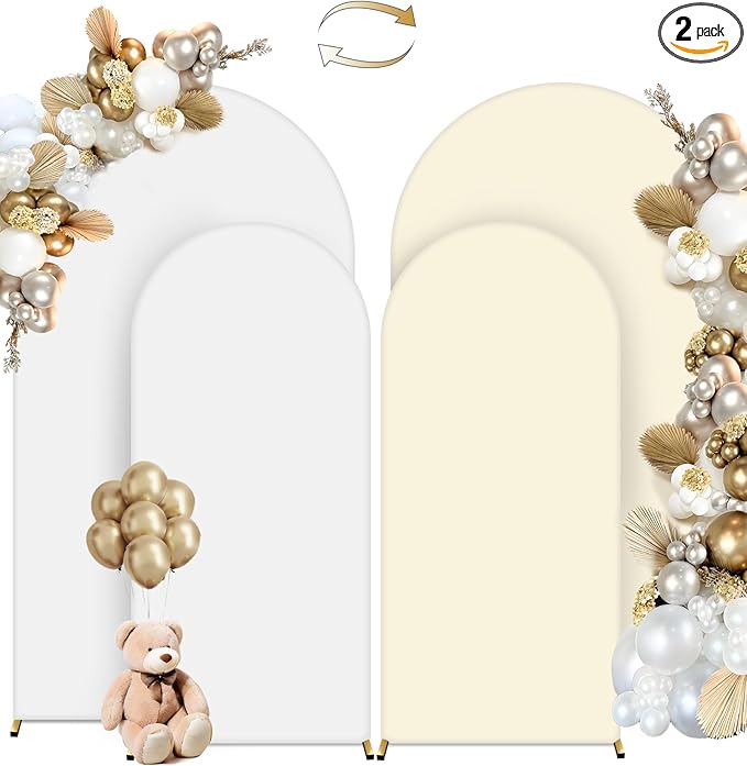 Hemmotop White and Beige Wedding Arch Backdrop Cover, Set of 2 (7.2ft, 6ft), 2 Sided Stretchy Spandex Fitted Balloon Arch Stand Backdrop for Birthday Party, Baby Shower, Double Color