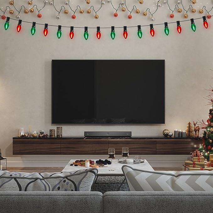 Abeja 25Ft Christmas Lights Multicolor, C7 Red Green Vintage Christmas Lights with 27 Glass Bulbs, Hanging Outdoor String Lights for Holidays, Christmas Prom Party Wedding Decor, Red/Green