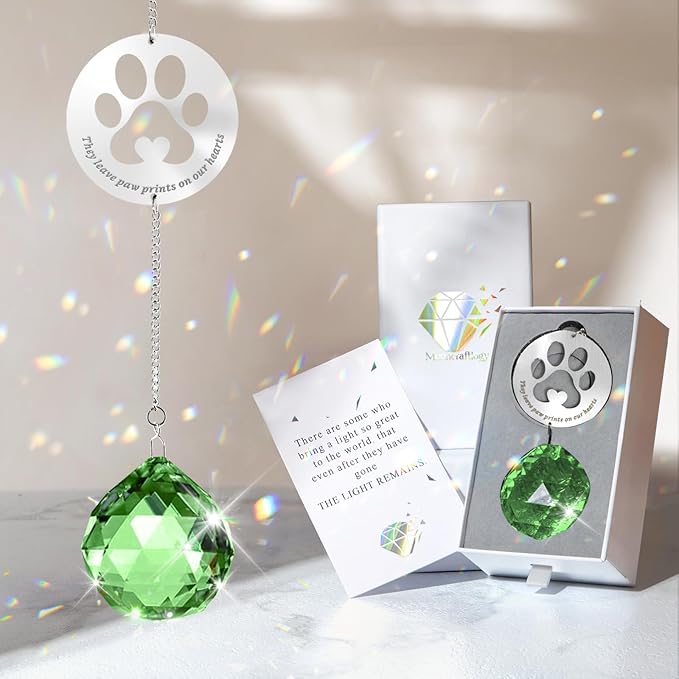 Dog Memorial Gifts, Unique Loss of Pet Sympathy Idea, Green Crystal Ball Rainbow Suncatcher with Paw Print for Cat or Dog Remembrance and Bereavement