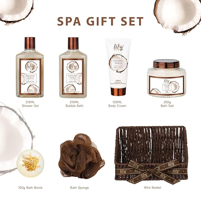 Christmas Gifts Bath and Body Gift Basket Set for Women & Men - 7Pcs Coconut Vanilla Spa Gift Basket Set for Women, Gift Set | Perfect Valentine's, Birthday, Mothers Day for Mom, Gift for All Occasion