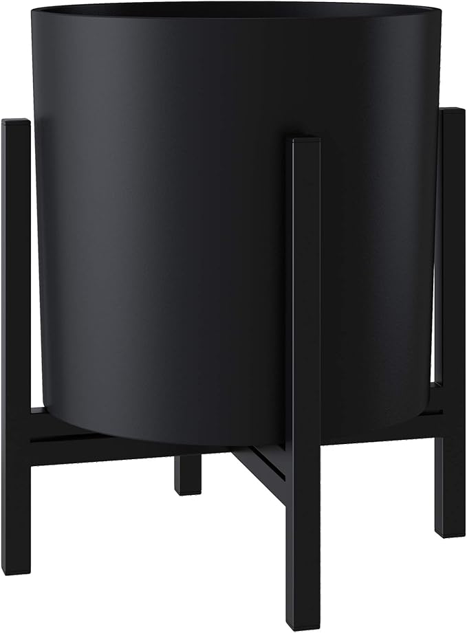 FaithLand Plant Pot 8 inch - Perfectly Fits Mid-Century Modern Plant Stand - Drainage Plug - Matte Black