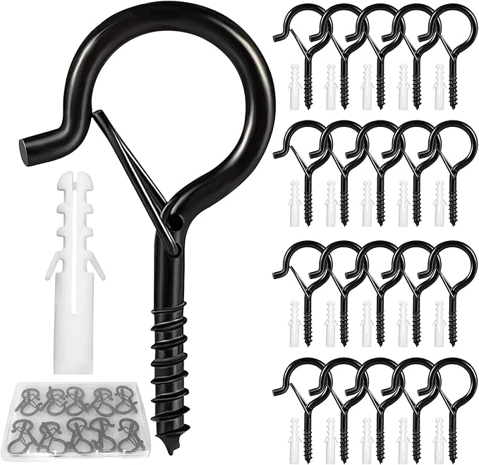 Hooks for Outdoor String Lights, 20 Pack Cup Screw Hooks for Hanging Plants Fairy Led Party Christmas Lights Garage Wind Chimes Black Q Hanger with Safety Buckle Design Easy to Release