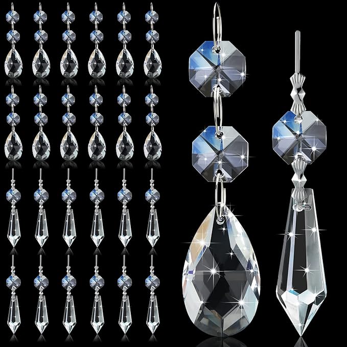 48 Pcs 24 Pcs Chandelier Crystal Replacement 38 mm Teardrop & Icicle Crystal Prisms Hanging Gems Parts for Lamps and Chandeliers Suncatcher Christmas Tree Windows Home Decor (Clear)