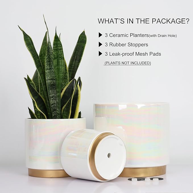 Gepege White Indoor Pots for Plants, Ceramic Planter with Drainage Hole, 9.6inch+7.6Inch+6Inch. Succulent Orchid Flower Pot - Rainbow Pearl Glaze