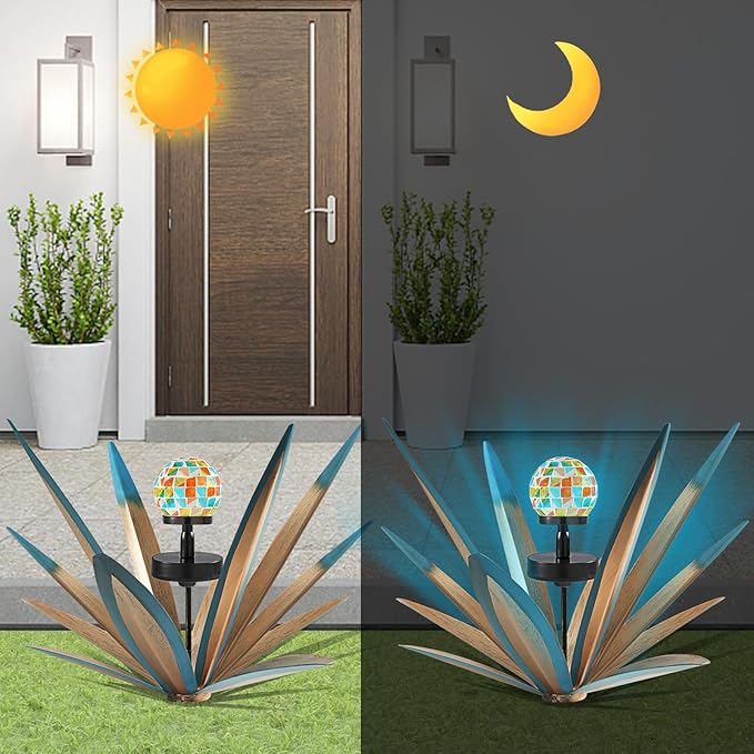 Enlarge Metal Plants Tequila Rustic Sculpture, Outdoor Patio Yard, Home Decor Hand Painted Agave Garden Statue, Outdoor Lawn Ornaments Yard Stakes for Mom Gift (1 Solar Blue)