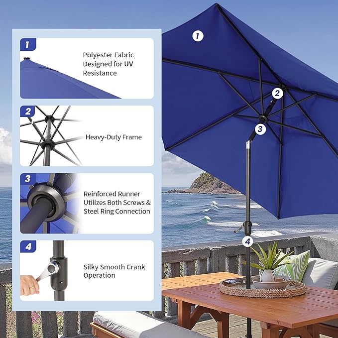 CROWN SHADES 9 Ft Patio Umbrella - Polyester Outdoor Umbrella with 30° Push Button Tilt, Patented Edge Connection Windproof Design for Patio, Pool, Garden & Table, UV Resistent