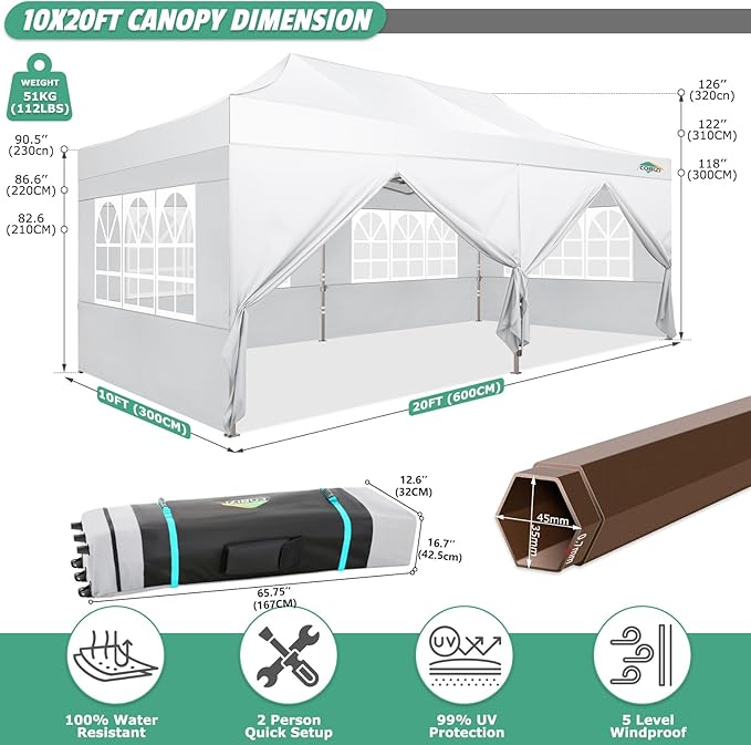 COBIZI 10x20 Pop Up Canopy Tent Heavy Duty with 6 Removable Sidewalls, Commercial Heavy Duty Pop Up Tent for Parties All Weather Waterproof and UV 50+ Wedding Tent with Roller Bag(Legs Upgraded)