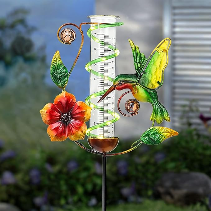 BAYN 36.3” Rain Gauge Outdoor Solar Powered 10 LEDs 7” Tube Garden Hummingbird Metal Decorative Stake with Waterproof Large Glass Tube Rain Guage for Yard, Garden, Patio, Lawn