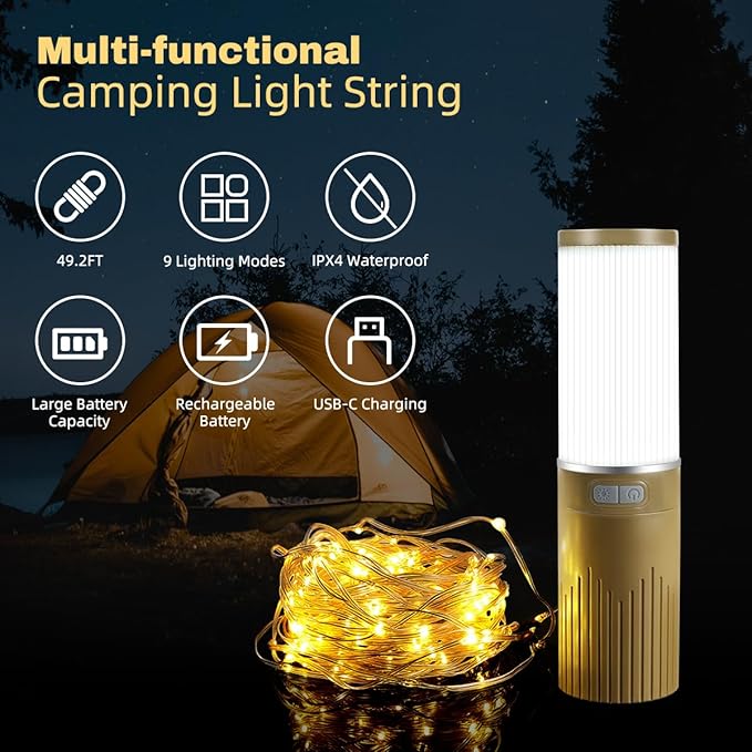 Camping Lantern with 49.2FT String, 2 in 1 Outdoor Warm White String Lights with 4 Modes & 5 Modes Rechargeable Camping Lamp IPX4 Waterproof Portable LED Tent Light for Outdoor Yard Garden Decoration