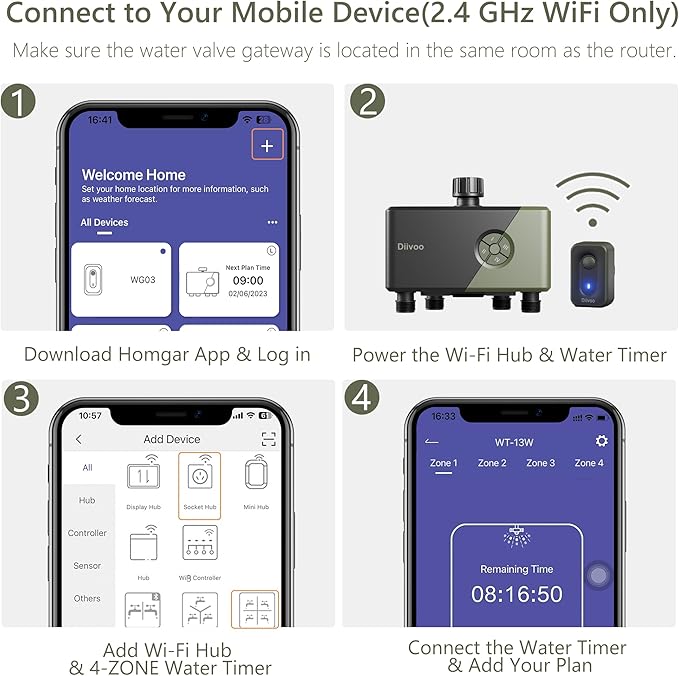 Diivoo WiFi Water Timer 4 Outlets, Smart Sprinkler/Hose/Tap Timer Compatible with Alexa & 24 Irrigation Plans & Rain Delay, Garden Watering Systems Controller with 2 Watering Modes for Lawn Yard