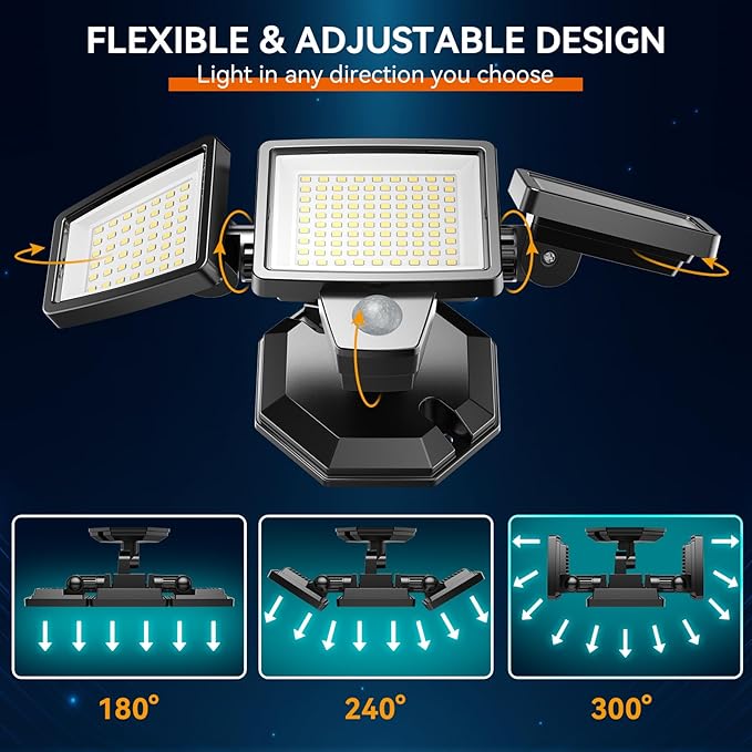 65W LED Flood Lights Outdoor, 6500LM, Waterproof, 6500K Motion Sensor Flood Lights Outdoor with Adjustable 3 Head Detected Floodlight for Outside Entryway Garage, Yard, Porch