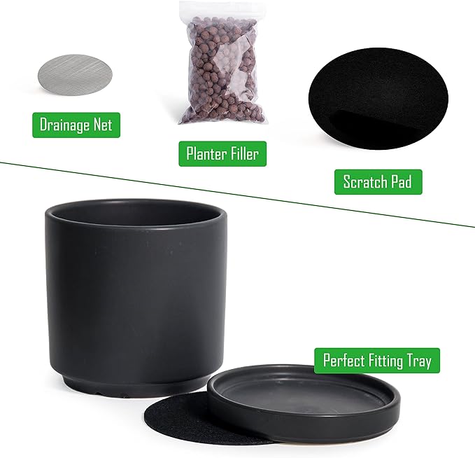 D'vine Dev Set of 2 Plants Pots, 6 Inch Ceramic Planter Pot for Plants with Drainage Hole and Saucer, Black, 94-V-C-2