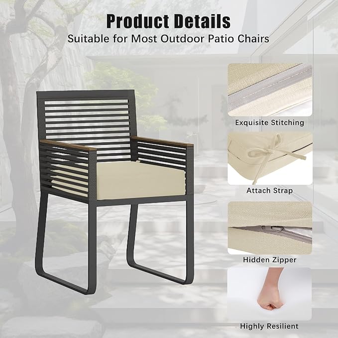 Favoyard Outdoor Chair Cushion 18.5 x 16 x 3 Inch Rainproof & 3-Year Fade Resistant Patio Furniture Cushions with Removable Cover and Adjustable Ties for Garden Sofa Couch Pads Set of 2, Beige