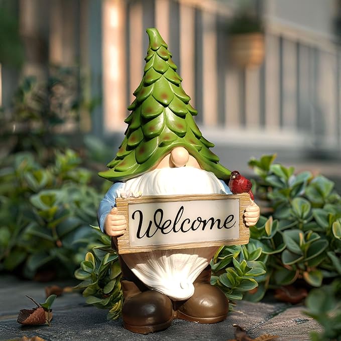 Garden Gnome Statue with Solar Lights, 13.5” Welcome Sign Gnome Outdoor Decor for Yard Lawn Patio, Funny Resin Gnome Sculptures, Gifts for Women Mom Grandma,Garden Decor Ornament
