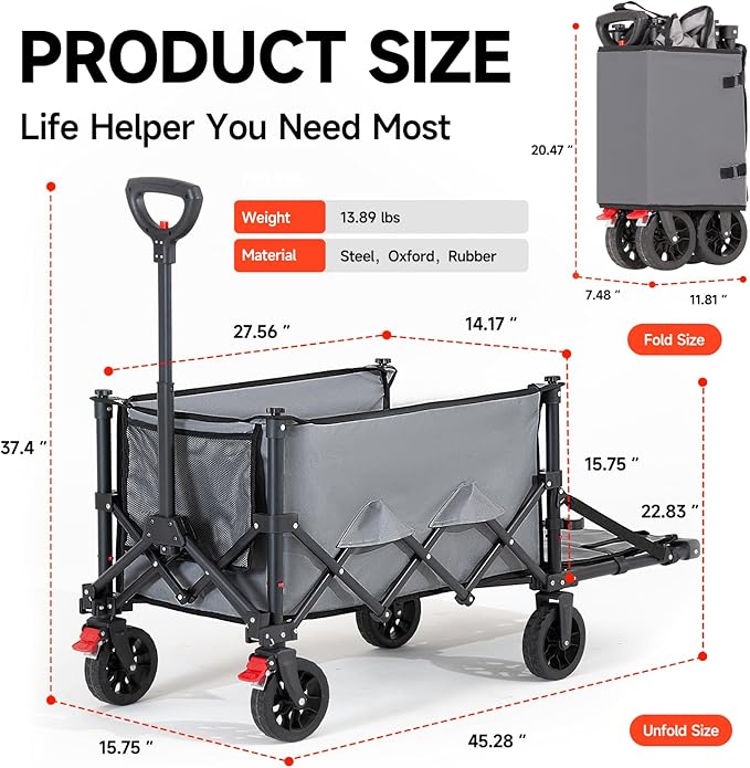 Collapsible Wagon Cart with Wheels Foldable,Folding Beach Wagons Carts Foldable for Grocery Shopping Camping Garden Fishing Sports