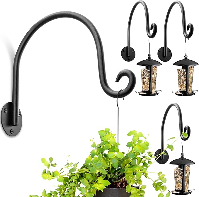 AJART Hanging Plant Hanger Outdoor: Bird Feeder Wall Hooks - 8 Inch Plant Bracket Hook for Hanging Flower Baskets 4 Pieces
