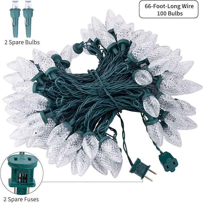 Brightown C9 LED Christmas String Lights, 66ft 100 LED Waterproof Strawberry String Lights, Plug-in Extendable Green Wire Lights String for Outdoor Indoor Outside Patio Wedding Party Decoration