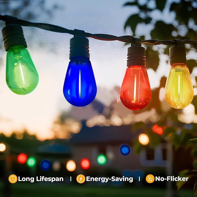 24 Pack S14 Colored LED String Light Bulbs, 1W Plastic Shatterproof Replacement Bulbs for Outdoor Patio Backyard Lights, E26 Medium Base, Warm White 2200K, Dimmable, Red/Green/Blue/Orange