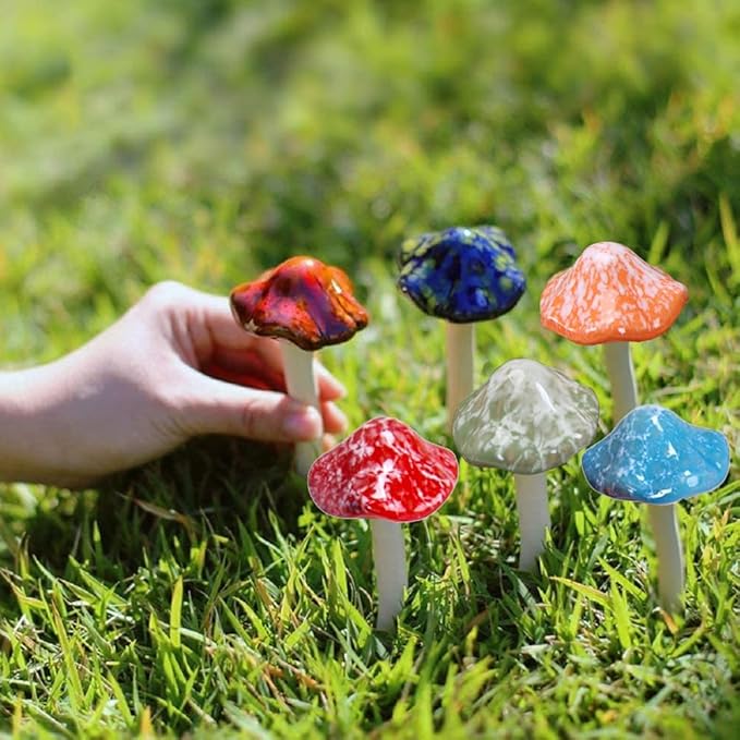 Ceramic Mushrooms for Garden 6 Pack Small Mushroom Decor Garden Decor Outside Outdoor Lawn Ornaments Decorative Plant Stakes Decorations for Pots Yard Little Toadstool Statue Gifts Brown