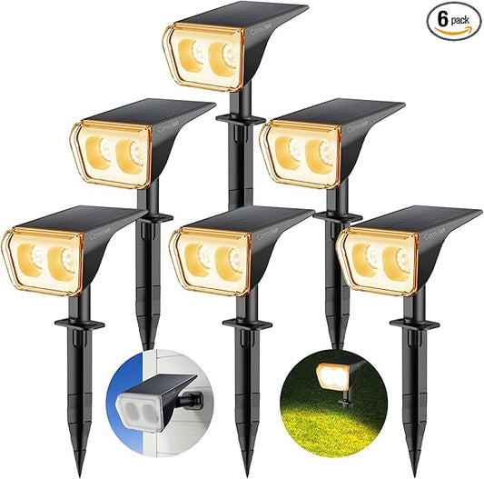 Consciot Solar Spot Lights Outdoor Waterproof, 24 LED Dusk-to-Dawn Solar Spotlight, 2 in 1 Adjustable Wall Lights, Warm White Solar Landscape Spotlights for Garden Yard Wall Walkway, 6 Pack