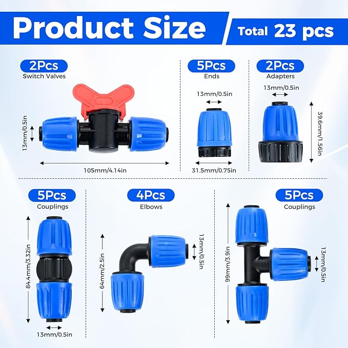 Drip Irrigation Fittings Kit for 1/2 Inch Tubing, 24 PCS 1/2" ID x 0.6-0.63" OD 16 mm Drip Anti-drop Barbed Locked Nut Connectors - 5 Tees, 5 Couplings, 2 Switch Valves, 5 End Cap, 5 Elbows, 2 Adapter