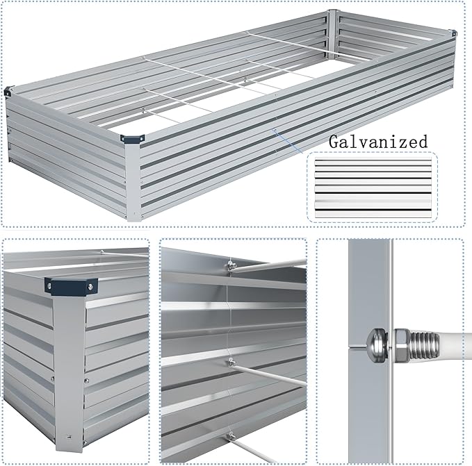 Galvanized Raised Garden Bed,2 Pcs 10×3×1FT Metal Planting Box for Outdoor Vegetable, Herb,Planter Gardening (Silver)