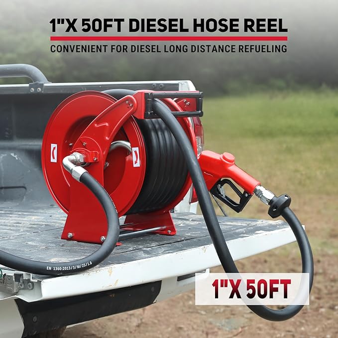Fuel Hose Reel 1" x 50FT Extra Long Retractable Diesel Reel 300 PSI Auto Swivel Rewind Diesel Hose Reel with Fueling Nozzle Industrial Carbon Steel for Vehicle Tank Truck Trailer Ship, Red