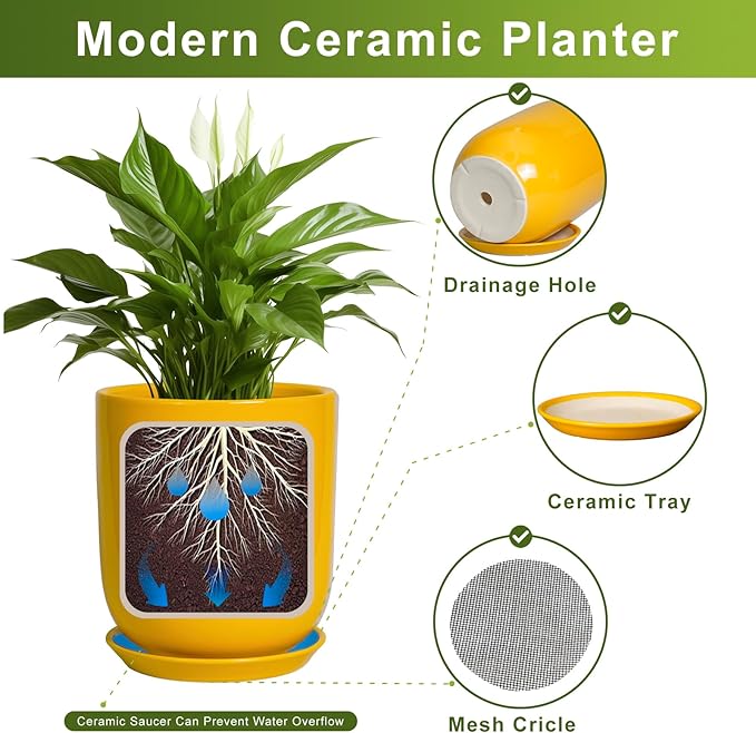 Ceramic Pot for Plants - 10 Inch Plant Pot Indoor with Drainage Hole and Saucer Large Planter for Outdoor Plants Cylinder Decorative Flower Pot Yellow