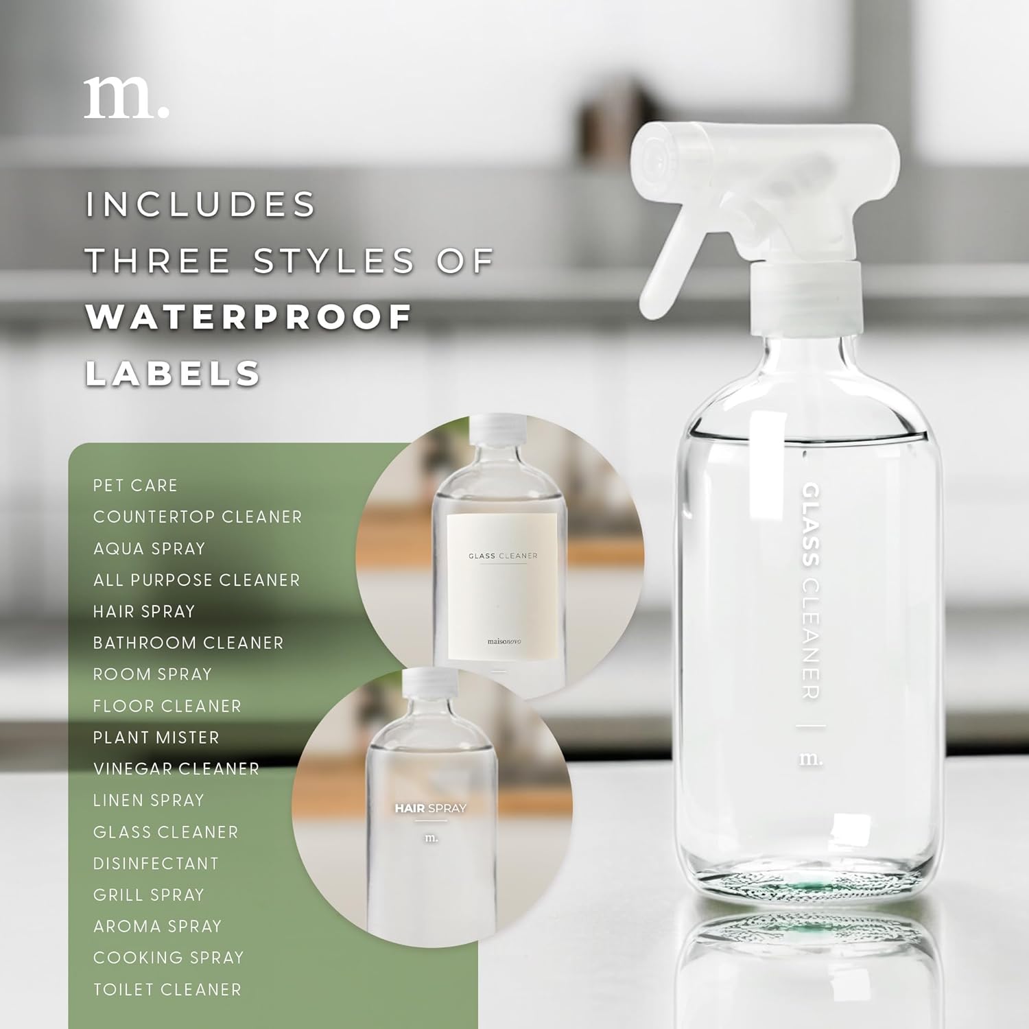 MaisoNovo Glass Spray Bottles for Cleaning - 16.9 fl oz Clear x 2 with 16 Labels
