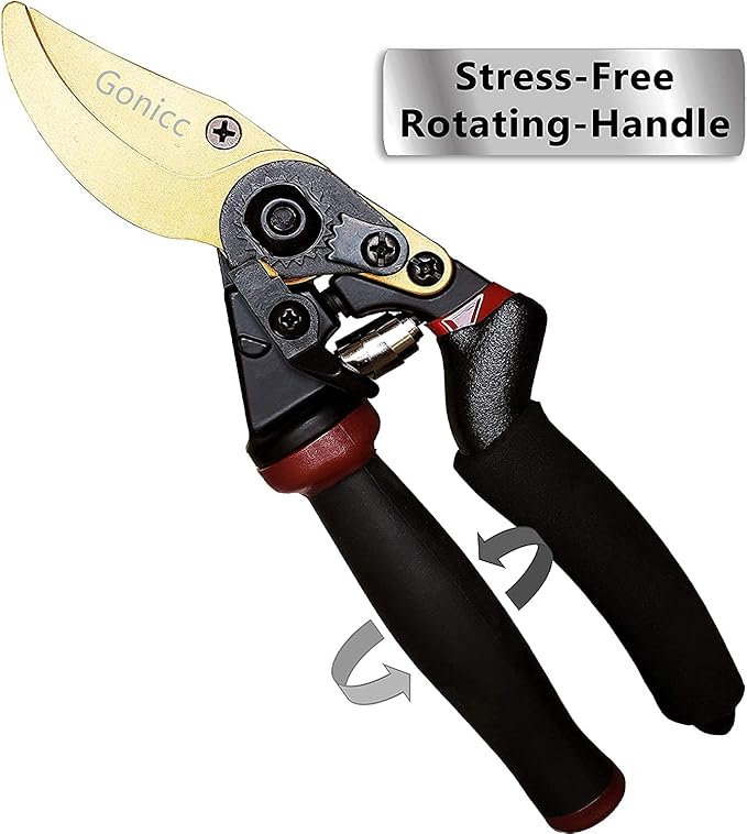 gonicc 8.5" Professional Rotating Bypass Titanium Coated Pruning Shears(GPPS-1014), Secateurs, Scissors, Pruners with Heavy Duty SK5 Blade. Soft Cushion Grip Handle for Everyone.