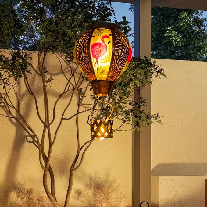 Flamingo Hot Air Balloon Solar Lanterns Outdoor Waterproof,Metal Garden Decor Solar Hot Air Balloon Lantern with Flame Flickering Lights for Patio,Porch,Yard Decor Mother Day Gifts for Women