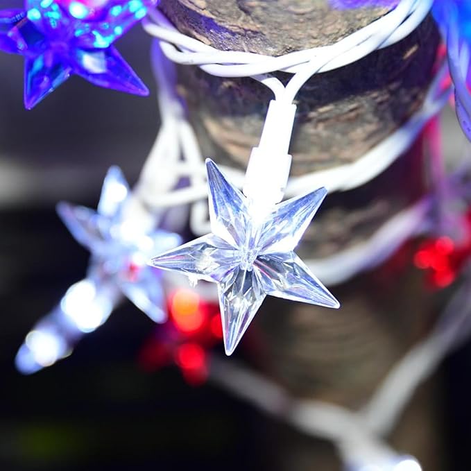 50 LED Red White and Blue Star Lights, 18.5FT 4th of July Lights Plug in, Patriotic Decorations Outdoor Star String Light for Home Patio Porch Garden Memorial Day Independence Day Decor, White Wire