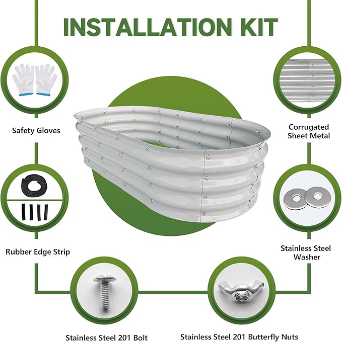 Galvanized Metal Raised Garden Bed 4x2x1ft Large Raised Planter 1Pack Outdoor Planter Box with Rubber Stripe and Safety Gloves for Vegetables, Fruits, Herbs, Flowers, Grey White