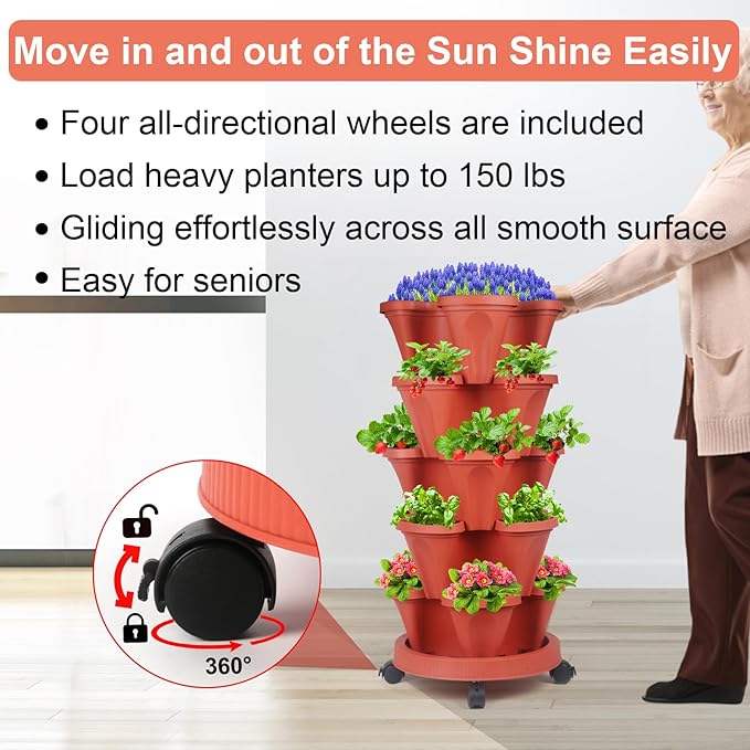 DUNCHATY Stackable Planters 5 Tier Vertical Garden Planting Tower Planters Strawberry, Herb, Flower, and Vegetable Planter Indoor Outdoor Gardening Pots with Removable Wheels and Tools