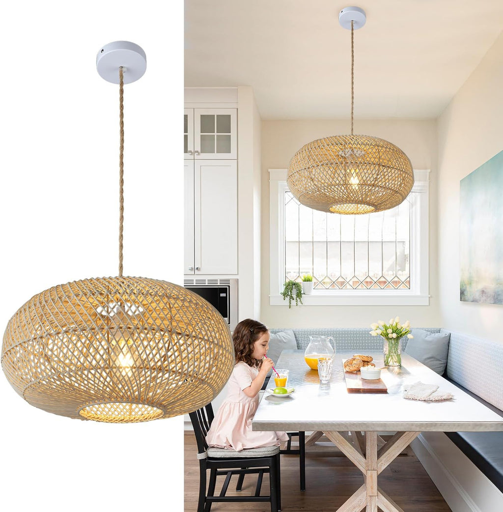 Rattan Pendant Light 16" 1-Light Hand-Woven Rattan Hanging Light，Wicker Woven Basket Chandelier，Modern Bohemian Pendant Lamp for Kitchen Island Foyer Farmhouse Porch