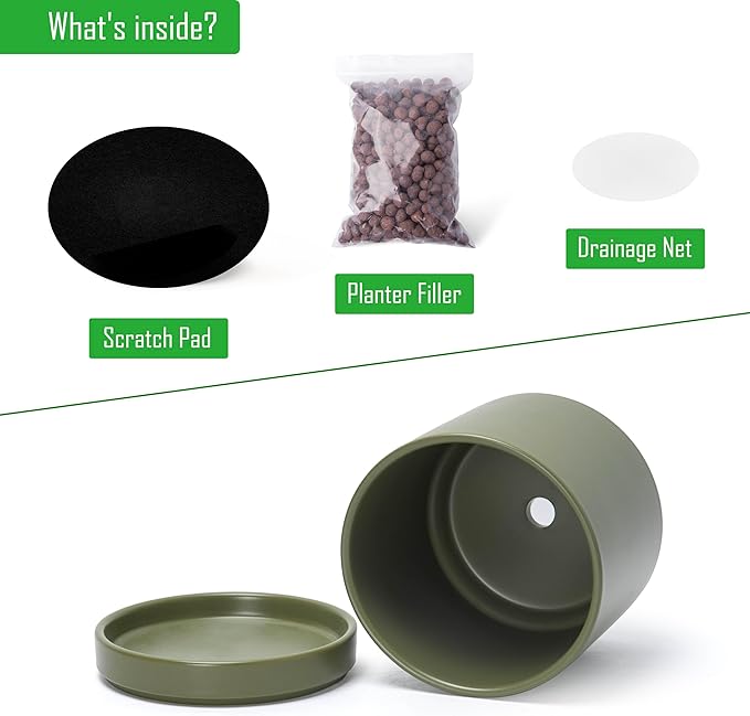 D'vine Dev 6 Inch Ceramic Planter Pot with Drainage Hole and Saucer, Indoor Cylinder Round Planter Pot, Olive, 94-O-C-J