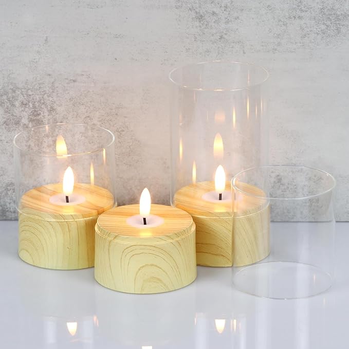 Battery Operated Candles with 6H Timer, 3 Pack Glass LED Flikcering Flameless Candles, Clear Pillar Candles with 3D Flame for Spring Wedding Home Bedroom Decor(Set of 3)
