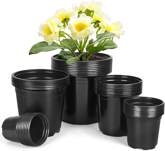 45 Pack 7/6/5/4/3 Inch Nursery Pots for Plants, Plastic Plant Pots with Drainage Holes, Variety Pack Flexible Garden Pot for Outdoor Indoor, Seed Starting Pots (Black)