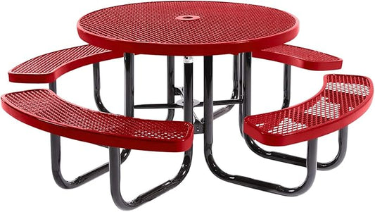 Coated Outdoor Furniture Heavy-Duty Portable Outdoor Picnic Table with Umbrella Hole, Expanded Metal Commercial-Grade Patio Dining Furniture Made in America (46" Round Top, Textured Red)