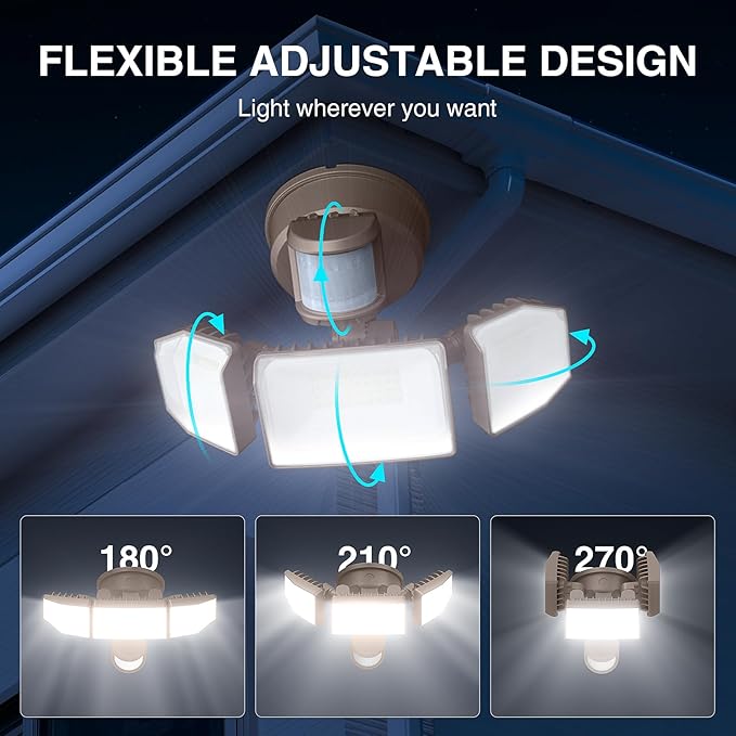 85W LED Security Lights Motion Sensor Light Outdoor, 8500LM Dusk to Dawn, IP65 Waterproof, 6500K, 3 Head Motion Detected Flood Light, Floodlight for Outside, Garage, Yard, Porch (Brown)
